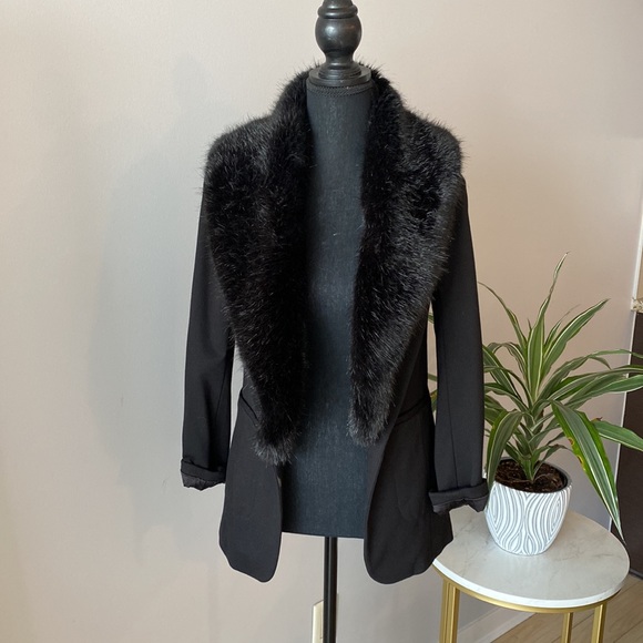 Black - Ever New - Faux Fur Hooded Blazer Jacket (Fur is Detachable) - Size US 2 - Picture 1 of 11